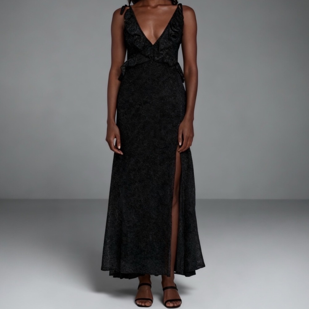 Ellejay‎ Sonya Pin Dot Maxi Dress Black Ruffle Velvet Slit size XS
